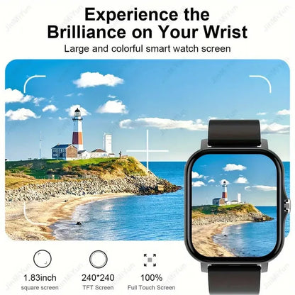 Smartwatch displaying a scenic image of a lighthouse on a watch face with text about screen size and features.