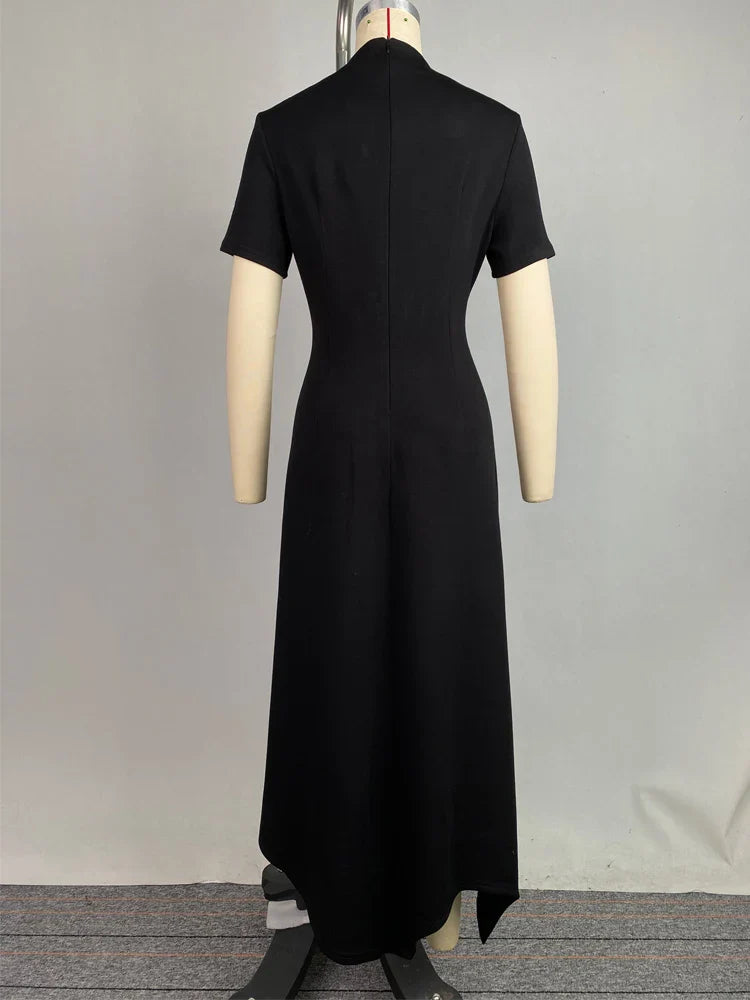 Summer Asymmetrical Maxi Dress for Women - Elegant High-Low Party Dress with Short Sleeves and Button Detail