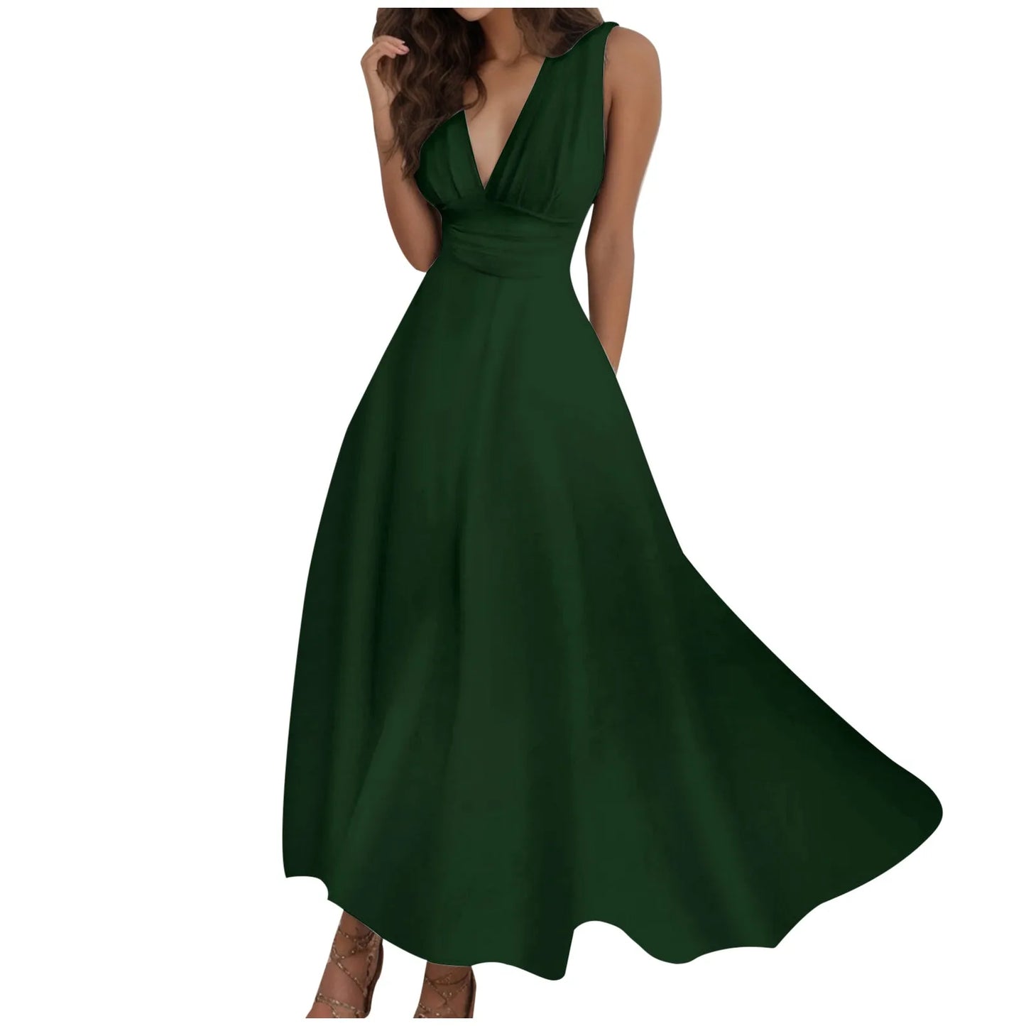 Women's Casual Sundress Solid Color Sleeveless V Neck Side Zipper Long Dress Elegant Sundress