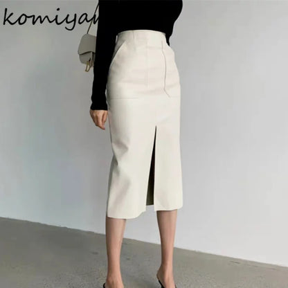 Slim Straight Faux Leather Skirt Women Chic Split Design Fashion