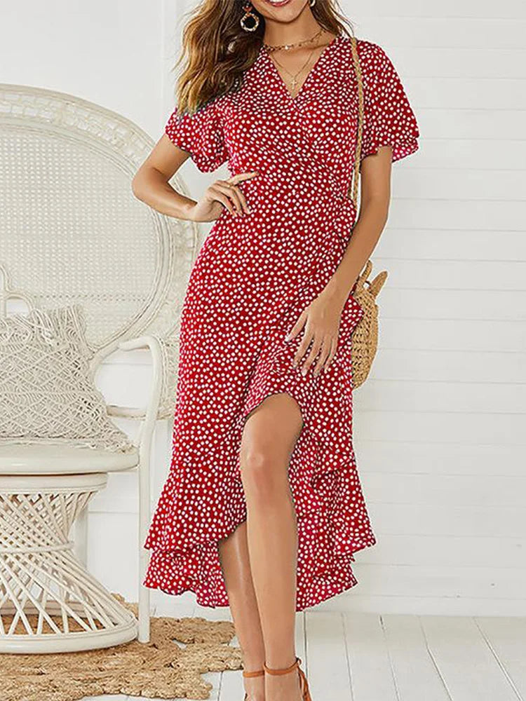 Summer Beach Maxi Dress Women Floral Print Boho Long Chiffon Ruffles Wrap Casual V-Neck Split Sexy Party Robe Femme