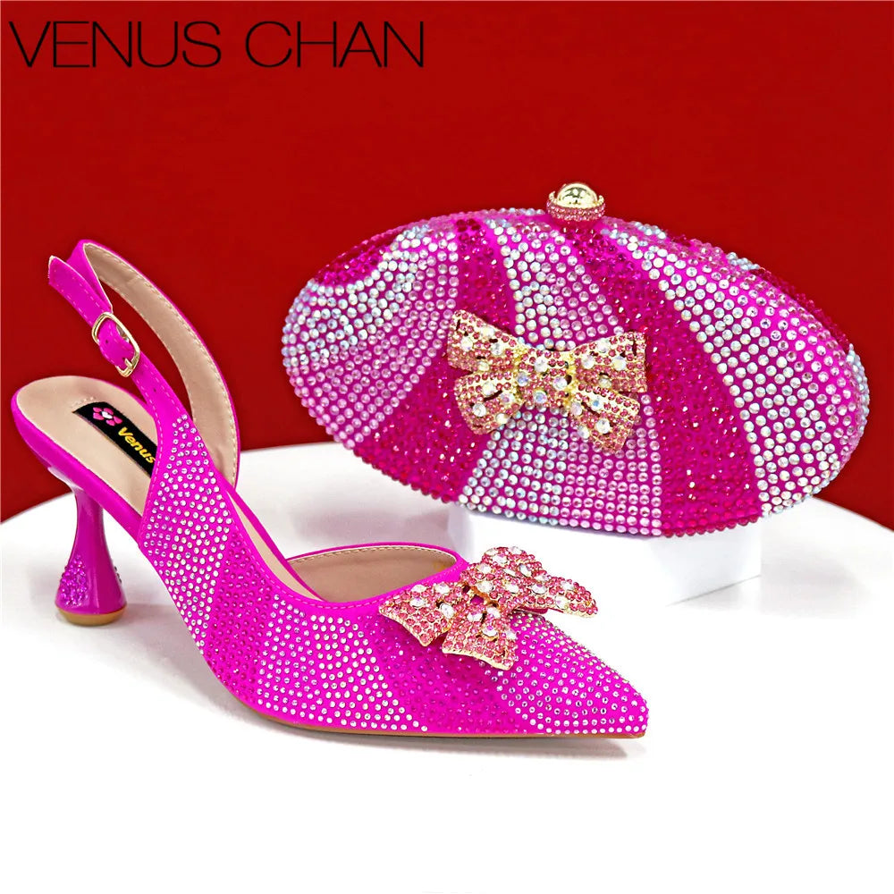 High Quality Rhinestone Heels Shoes and Blue Mini Bag