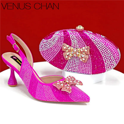 High Quality Rhinestone Heels Shoes and Blue Mini Bag
