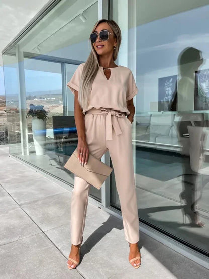 Women's Summer Jumpsuit Solid Color Short Sleeve V-neck Pocket Lace-up Pencil Long Pants