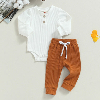 Baby Boy 2 Piece Outfit Solid Color Ribbed Button Long Sleeve Rompers and Elastic Pants Fall Spring Clothes