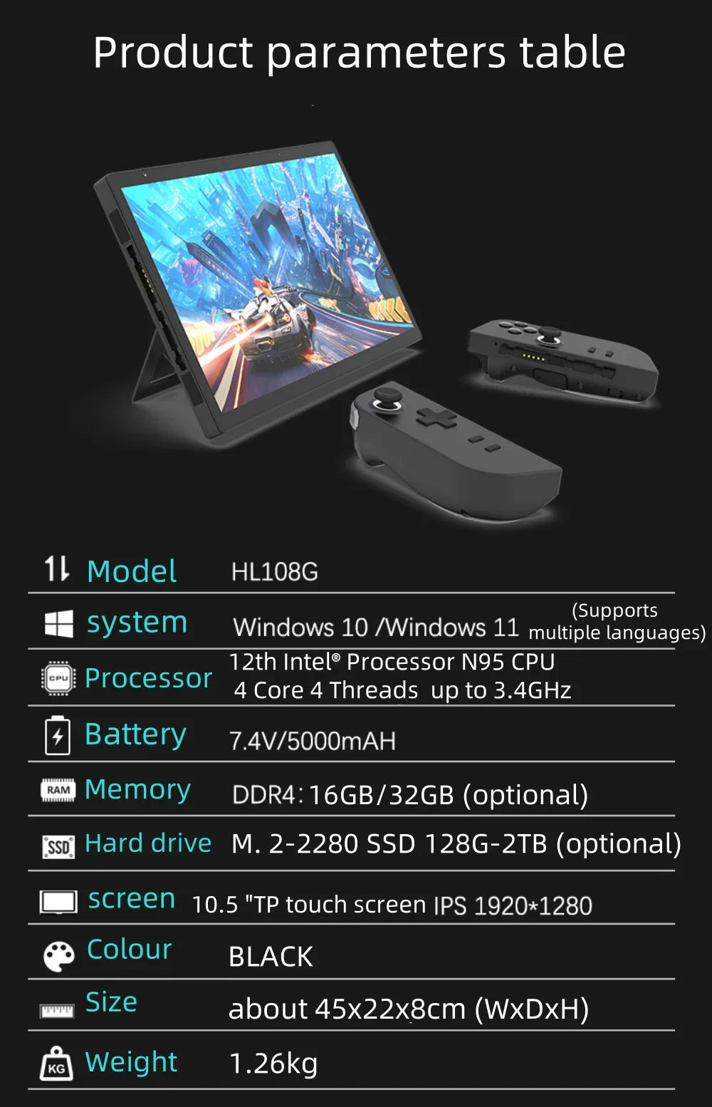 10.5" Handheld Gaming PC - Intel N95, 16GB RAM, Detachable Gamepad