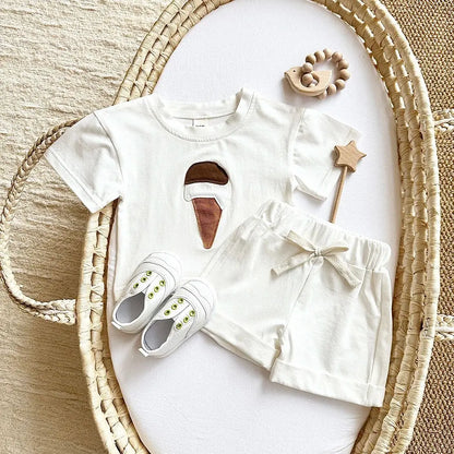 Baby Outfit Set for Newborns -Summer Ice Cream Print round Baby Outfit SeNeck T-shirt Sports Shorts 2PCS  Combo Unisex 0-3 Years