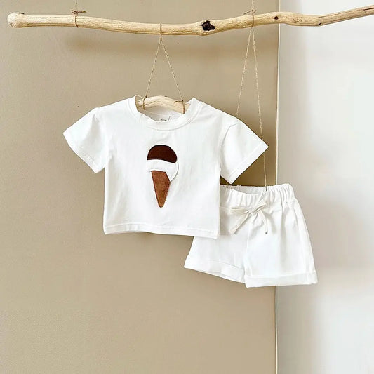 Baby Outfit Set for Newborns -Summer Ice Cream Print round Baby Outfit SeNeck T-shirt Sports Shorts 2PCS  Combo Unisex 0-3 Years