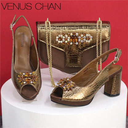 Open Toe Women Heels Shoes And Bag Set