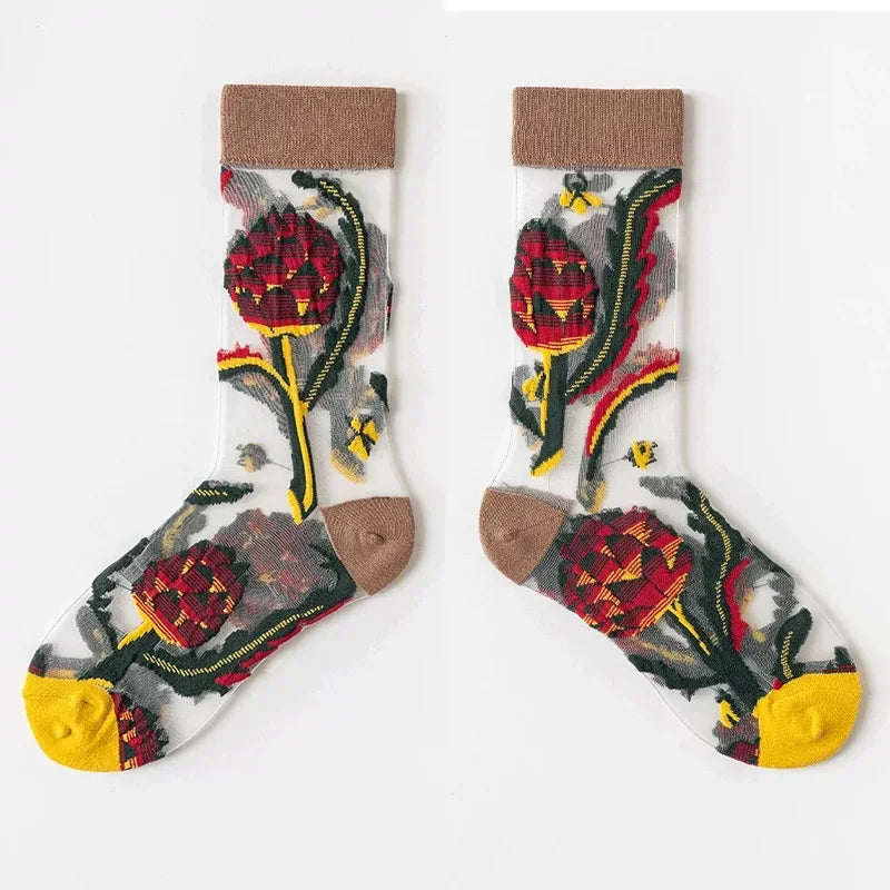 BotaniBabe Sheer Bloom Socks – Embroidered Crystal Silk Socks