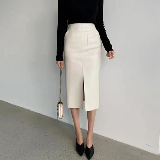 Slim Straight Faux Leather Skirt Women Chic Split Design Fashion