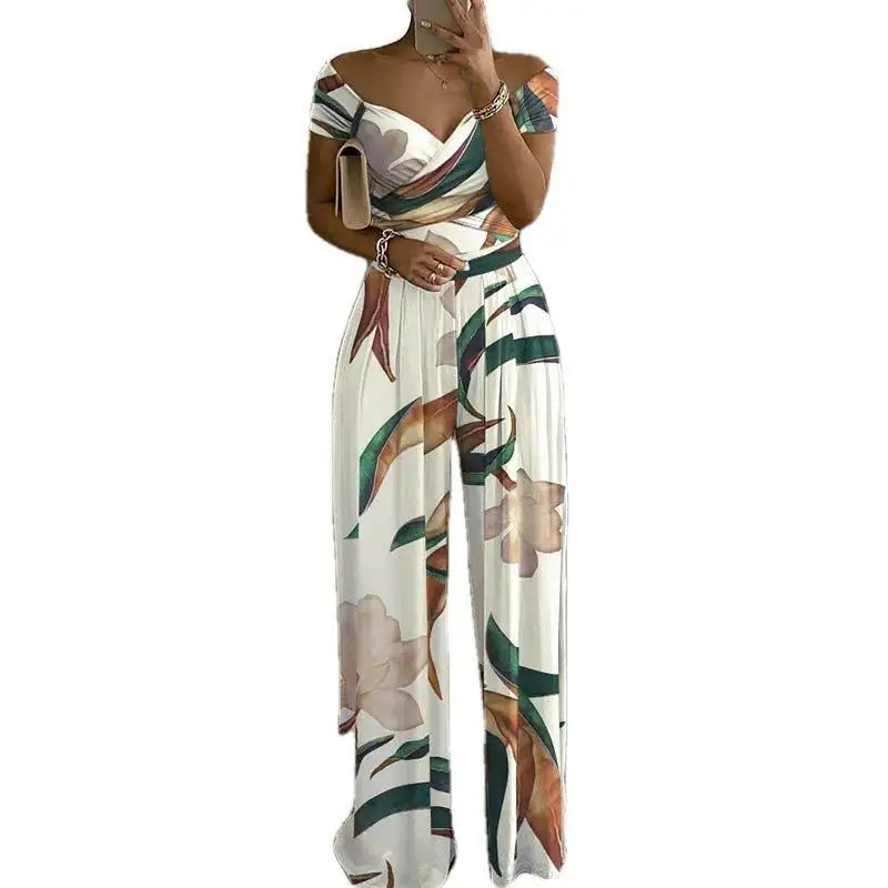 Fashion Printed Off-shoulder Jumpsuit for Women - Casual High-waist Sleeveless One-shoulder Jumpsuit