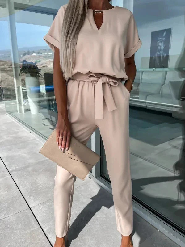 Women's Summer Jumpsuit Solid Color Short Sleeve V-neck Pocket Lace-up Pencil Long Pants