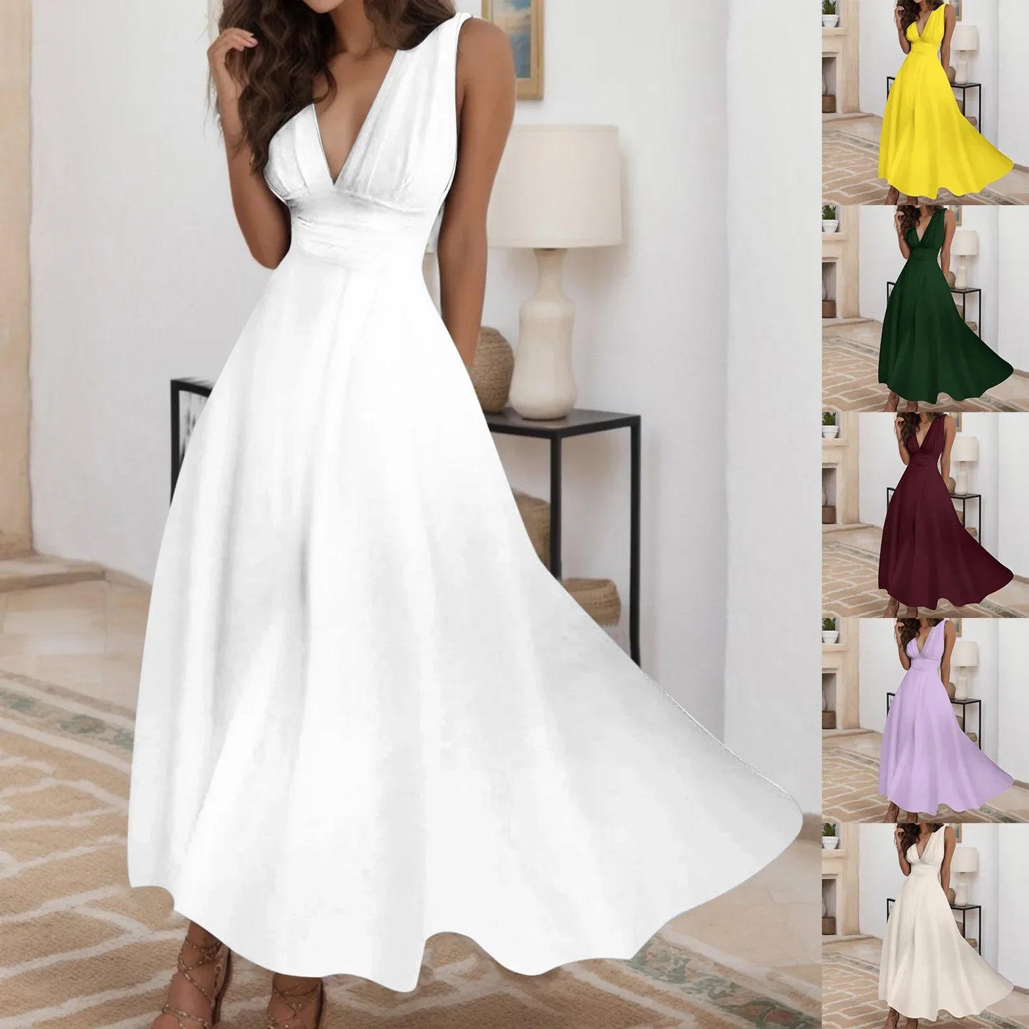 Women's Casual Sundress Solid Color Sleeveless V Neck Side Zipper Long Dress Elegant Sundress