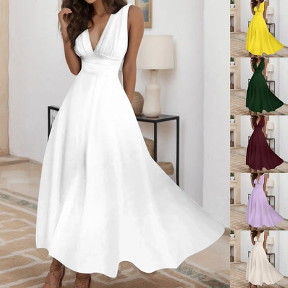 Women's Casual Sundress Solid Color Sleeveless V Neck Side Zipper Long Dress Elegant Sundress