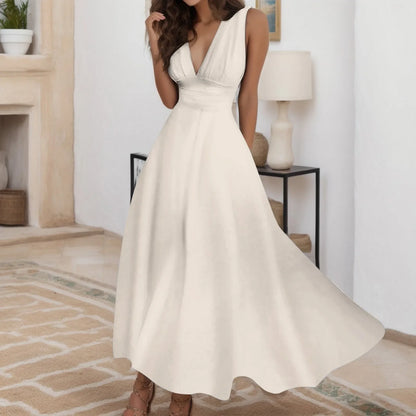 Women's Casual Sundress Solid Color Sleeveless V Neck Side Zipper Long Dress Elegant Sundress