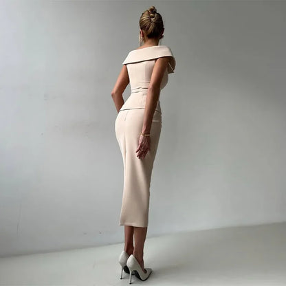 Elegant Midi Skirt Suit Women Double-Breasted Slim Top Belt Hip Package Skirt 2 Piece Outfits