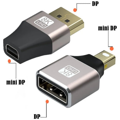 Mini DisplayPort to DisplayPort Adapter 8K60Hz DP2.1 Female to MiniDP Male Bi-Directional Connector for Laptop PC Gaming Monitor