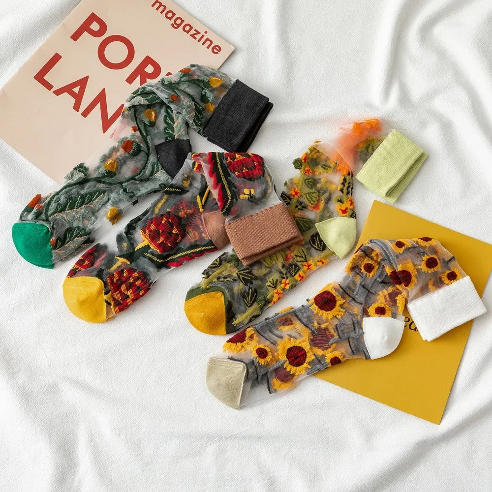 BotaniBabe Sheer Bloom Socks – Embroidered Crystal Silk Socks