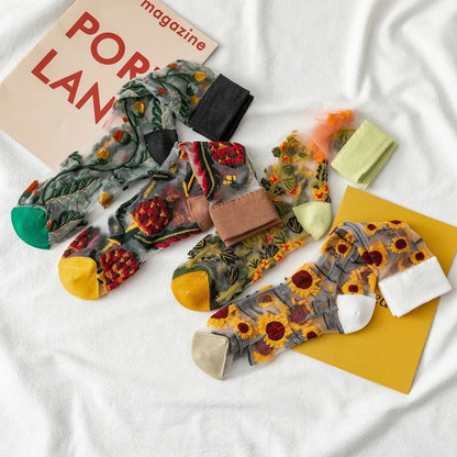 BotaniBabe Sheer Bloom Socks – Embroidered Crystal Silk Socks