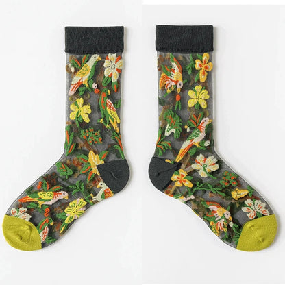 BotaniBabe Sheer Bloom Socks – Embroidered Crystal Silk Socks