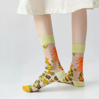 BotaniBabe Sheer Bloom Socks – Embroidered Crystal Silk Socks