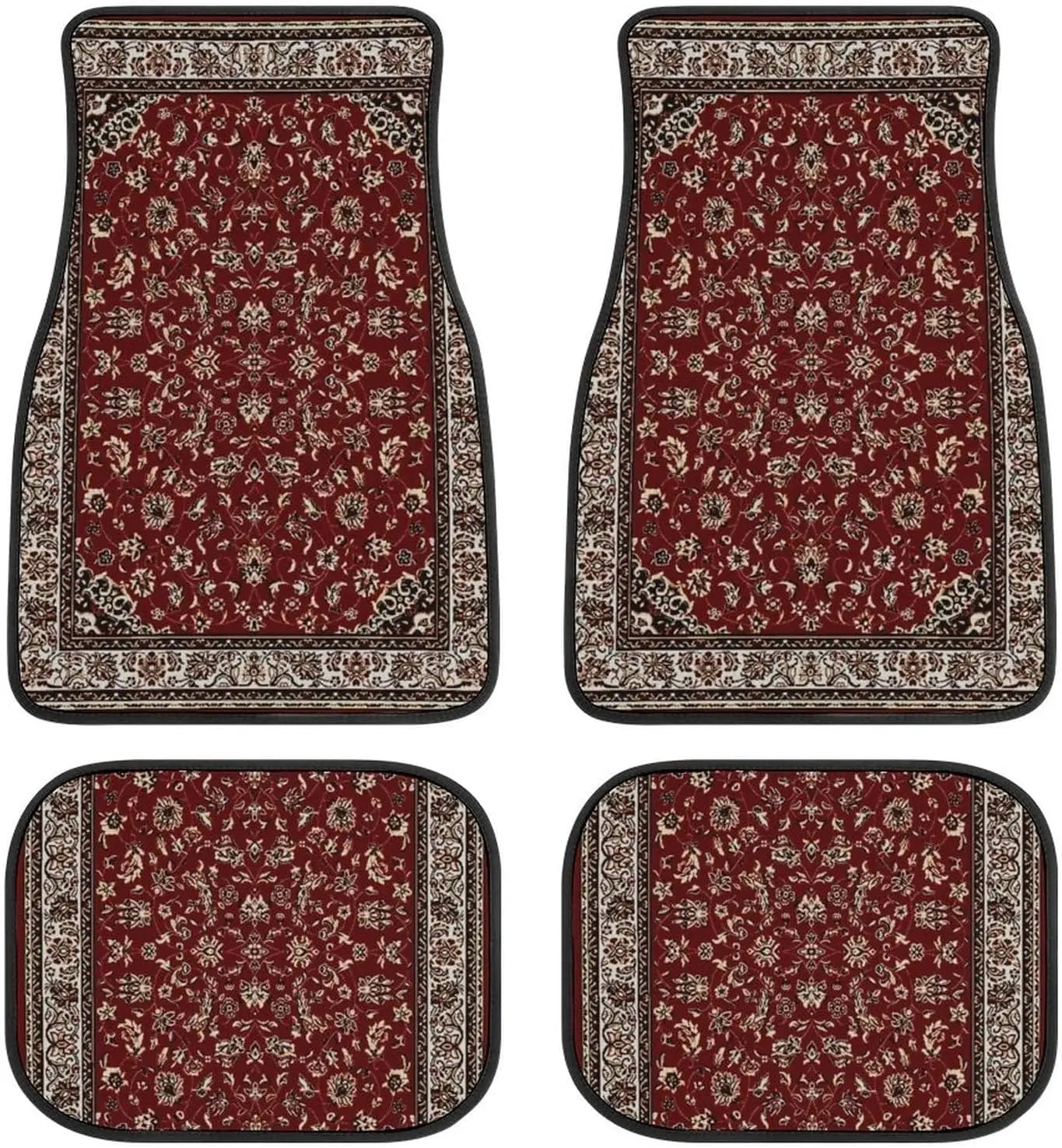Set of four red floral patterned car floor mats on a white background
