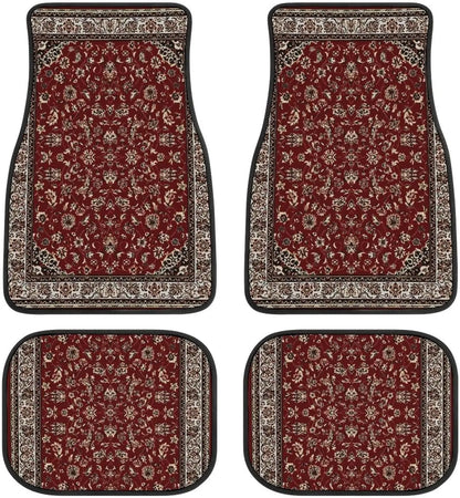 Set of four red floral patterned car floor mats on a white background