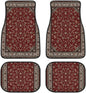 Set of four red floral patterned car floor mats on a white background