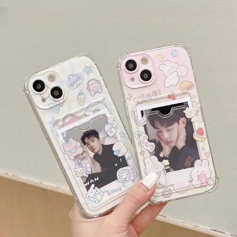 Cartoon Rabbit Bear Card Holder Slot Bag Clear Phone Case