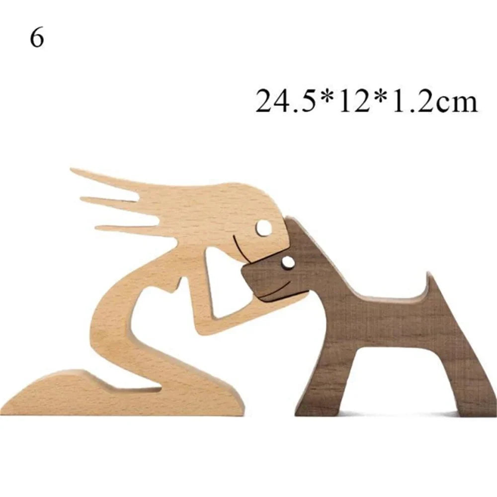 Cute Wood Dog Human Statue Craft Figurine Desktop Table Ornament Carving Model Home Room Decoration Pet Sculpture Christmas Gift