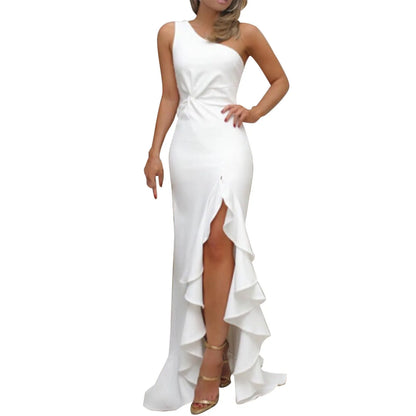 Ladies Sexy Slash Neck Ruched Evening Dresses Women Irregular Ruffles Formal Dress Slim Bodycon Solid Prom Dresses Evening Party