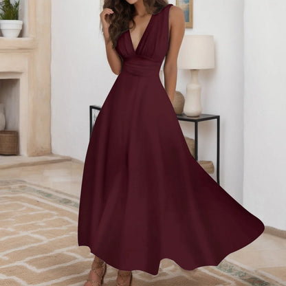 Women's Casual Sundress Solid Color Sleeveless V Neck Side Zipper Long Dress Elegant Sundress