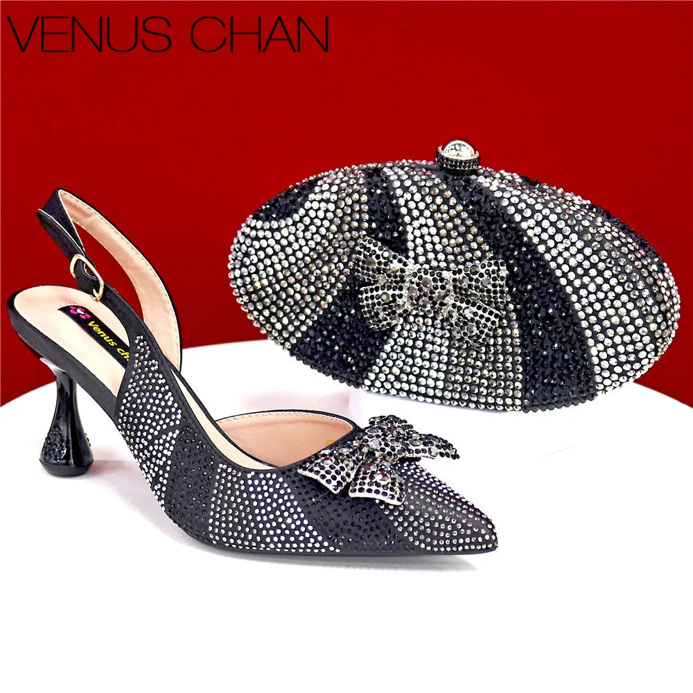 High Quality Rhinestone Heels Shoes and Blue Mini Bag