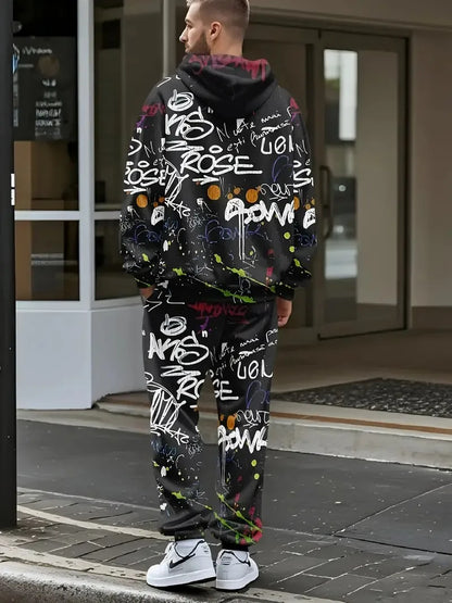 The new men's hoodie set for Spring and Autumn 2025 features a casual fashionable and comfortable 3D graffiti pattern print
