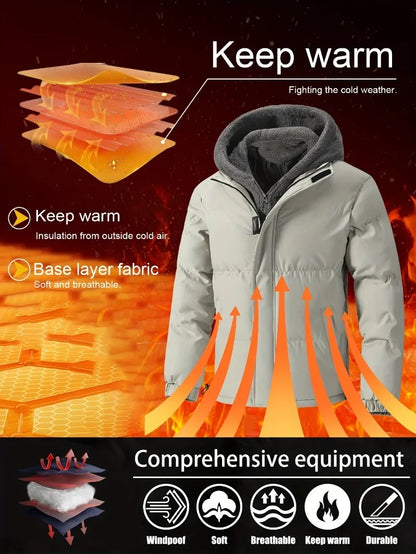 Winter Windproof Men's Faux Jacket Casual Polyester Coat with Detachable Hood Zip-Up Front Long Sleeves & Pockets Winter Clothes
