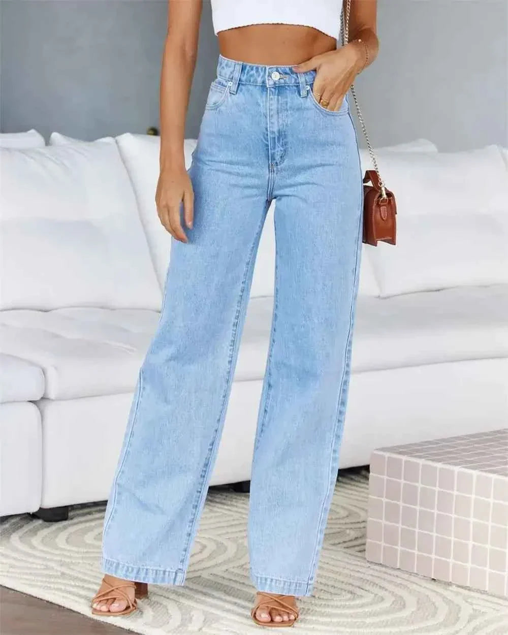 Women's High Waist Straight Leg Women's Jeans Denim Loose Fit with Pockets Wide Leg Basics