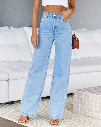 Women's High Waist Straight Leg Women's Jeans Denim Loose Fit with Pockets Wide Leg Basics
