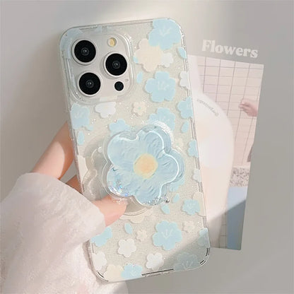 Luxury Clear Glitter Flower With Bracket Holder Phone Case