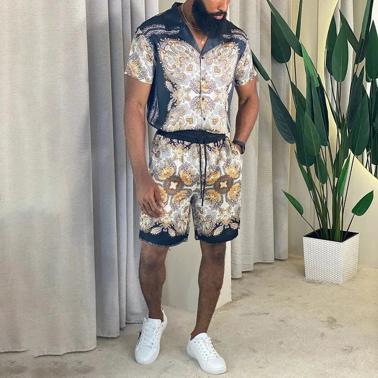 Men Beach Shirt Sets Retro Ethnic Style