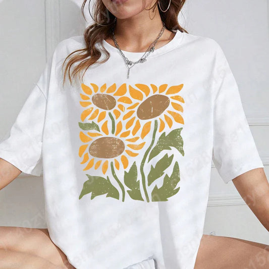 Vintage Sunflower T-shirts, Retro Floral Wildflower Print T-shirt, Casual Short Sleeves, Women Oversized T-Shirts, Gifts For Mom