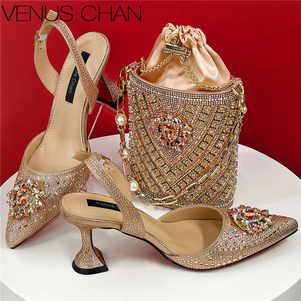 Women Shoes and Bag Set With Rhinestone Handbag