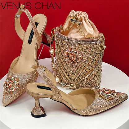 Women Shoes and Bag Set With Rhinestone Handbag