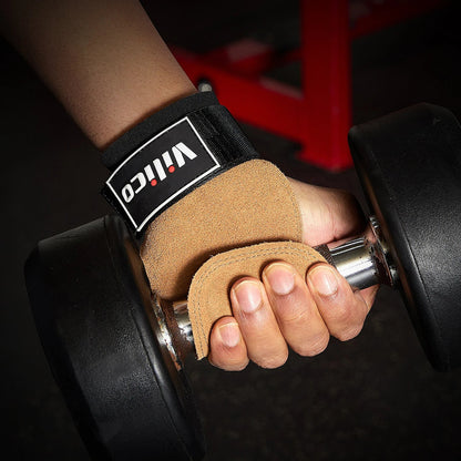Gym Grips For Men Women Cowhide Palm Guards Weightlifting Fitness Workout Gloves Grips with Wrist Wraps Training Equipment