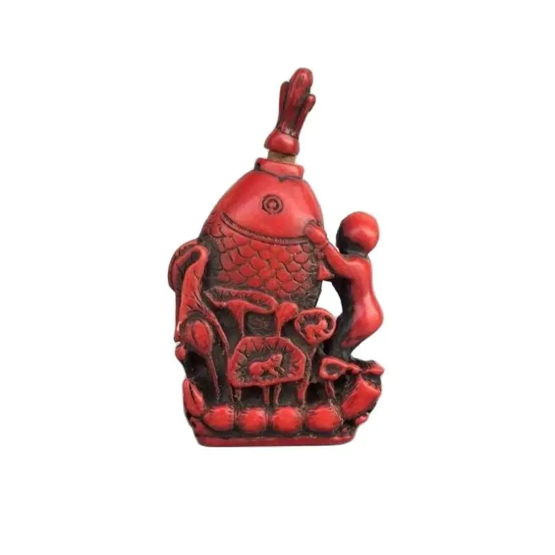 Collectible China Handwork Old Coral Carve Fish & Lotus Auspicious Snuff Bottle