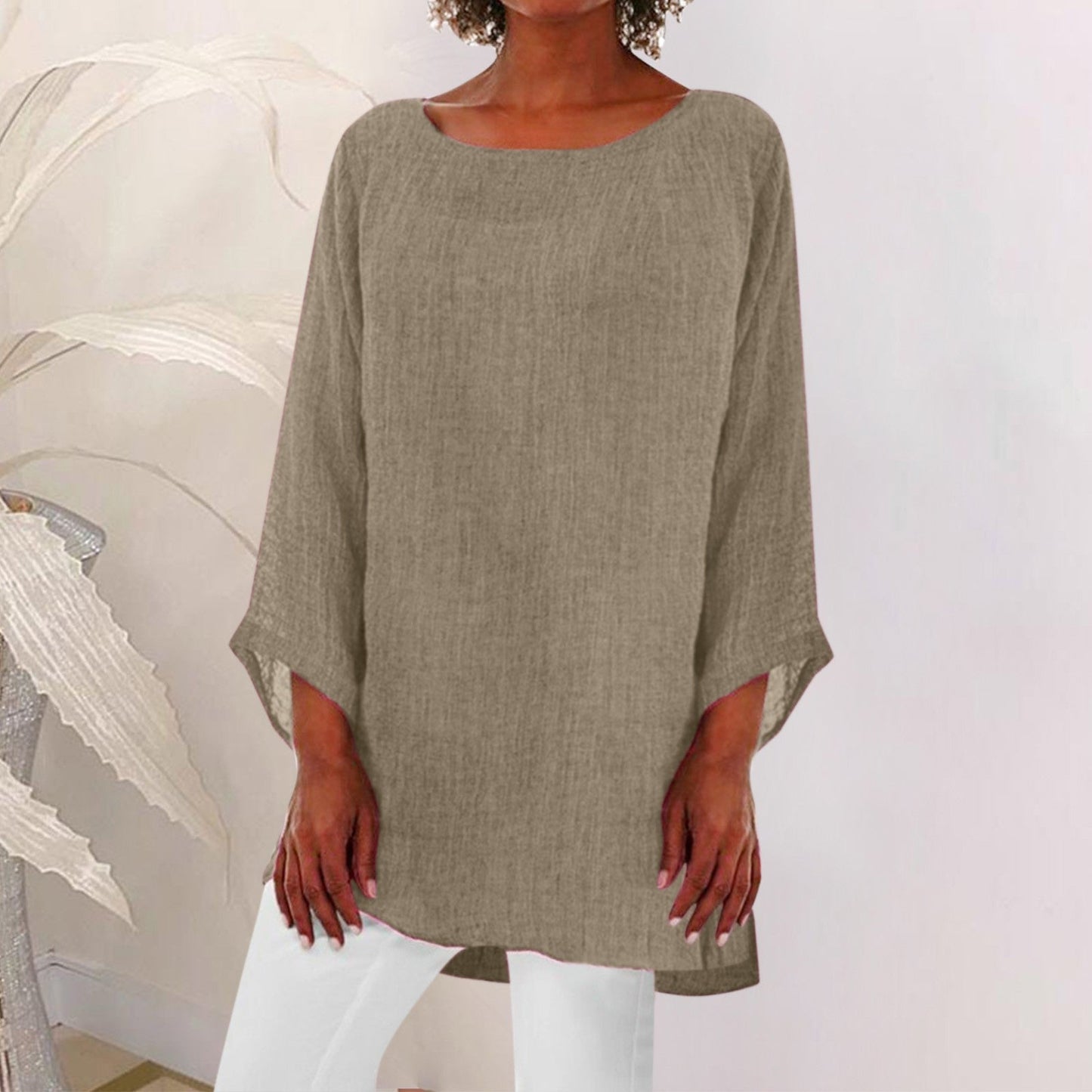 Vintage Cotton Linen Blouse Loose Blouses Summer Shirts Casual Long Sleeve Round Neck Solid Shirt
