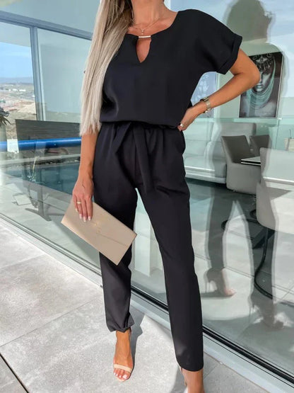 Women's Summer Jumpsuit Solid Color Short Sleeve V-neck Pocket Lace-up Pencil Long Pants