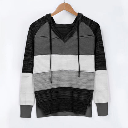 Plus Size 5XL Autumn Winter Women's Pullover Fashion Patchwork Long Sleeve Knit Sweater Tops Women Crochet Hollow Hooded Sweater