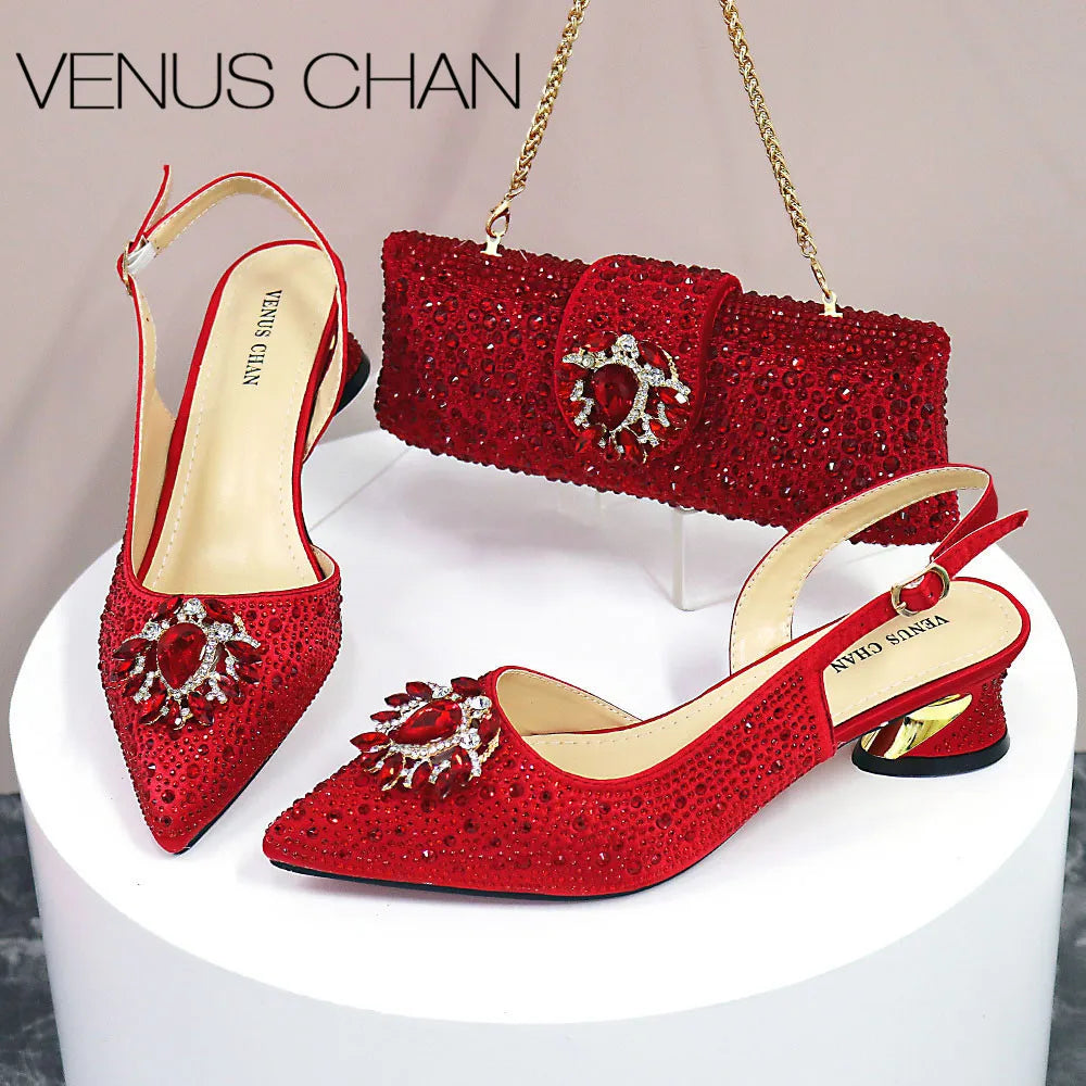 Design Pointed Toe Thin Heels Ladies Shoes Matching Bag Set