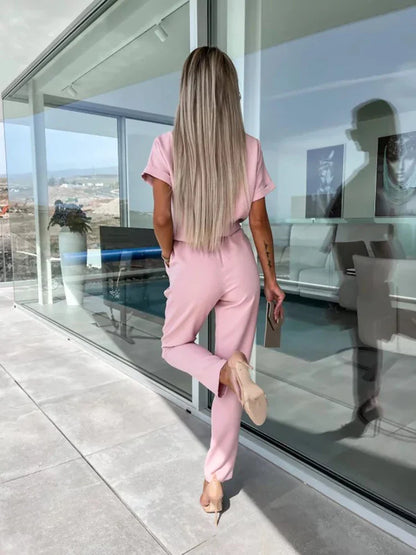Women's Summer Jumpsuit Solid Color Short Sleeve V-neck Pocket Lace-up Pencil Long Pants